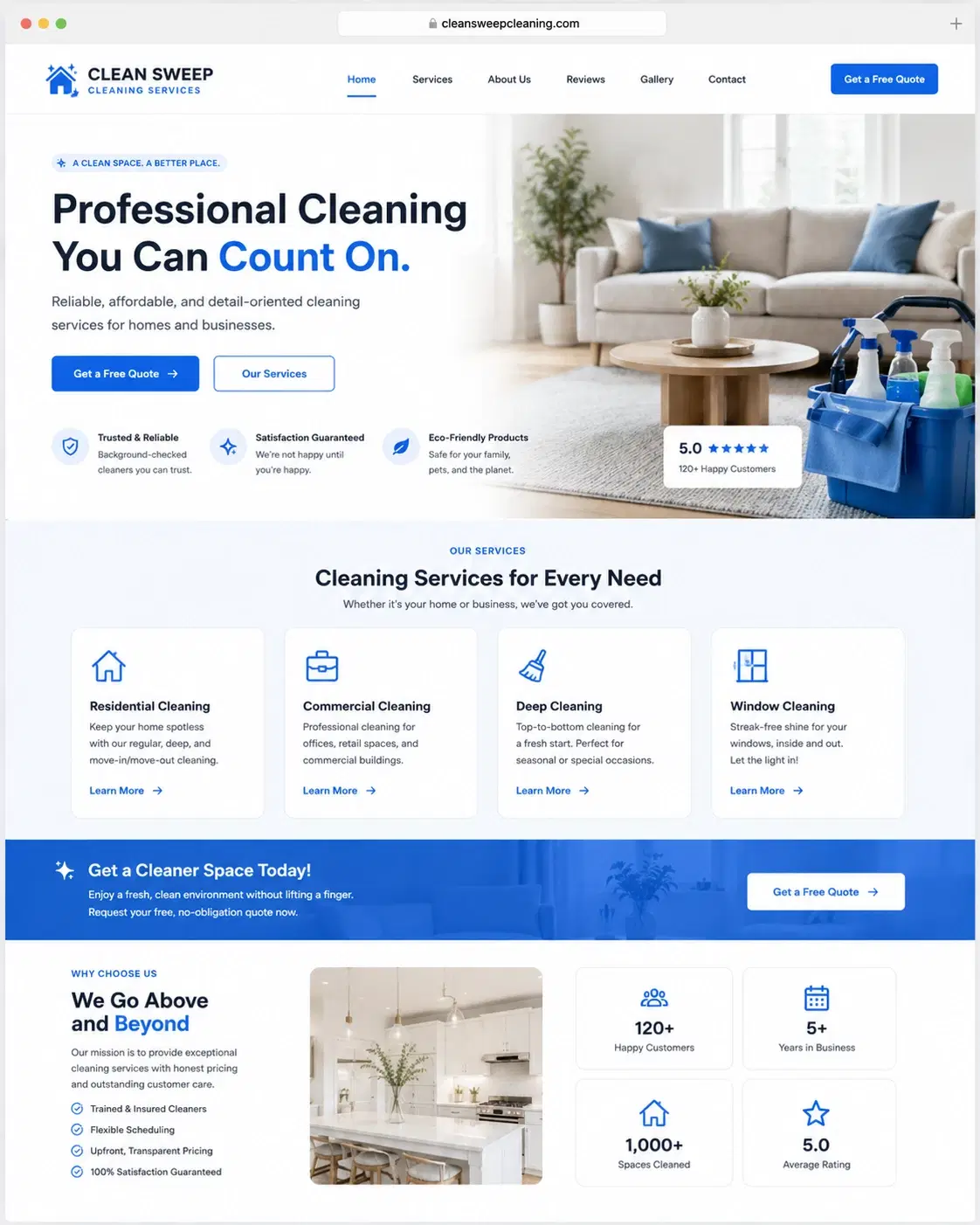 Clean Sweep Cleaning website concept mockup