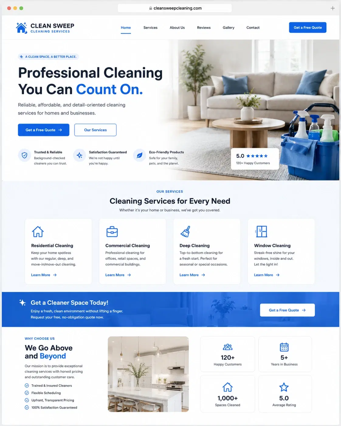 Clean Sweep Cleaning website concept mockup