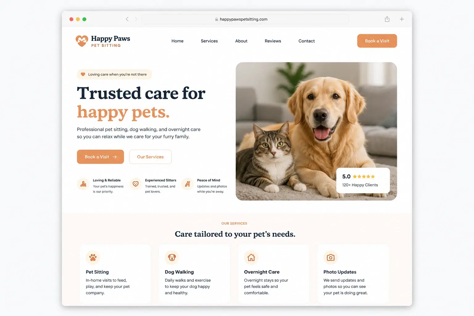 Happy Paws Pet Sitting website concept mockup