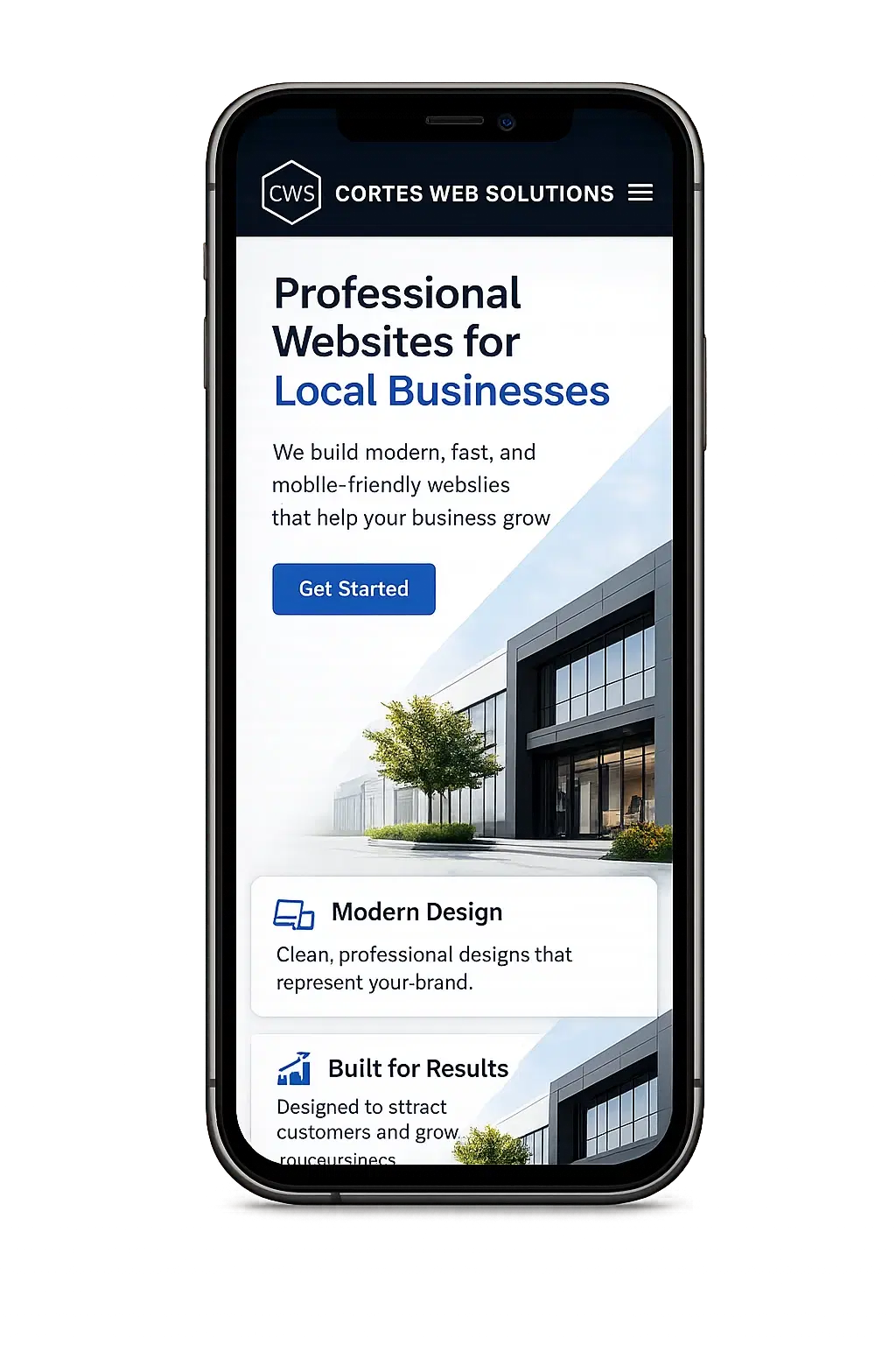 Phone mockup showing the mobile version of a Cortes Web Solutions website